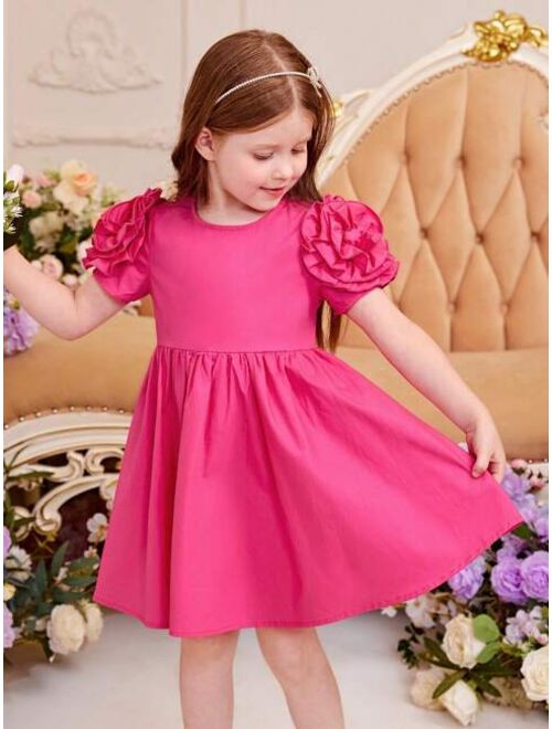 SHEIN Kids CHARMNG Toddler Girls Solid Floral Applique Puff Sleeve Dress