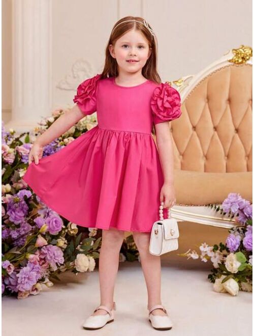 SHEIN Kids CHARMNG Toddler Girls Solid Floral Applique Puff Sleeve Dress