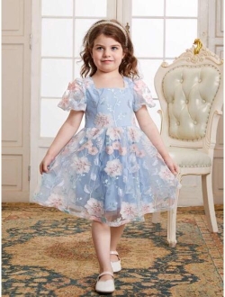 Kids CHARMNG Toddler Girls Floral Embroidery Puff Sleeve Mesh Overlay Party Dress