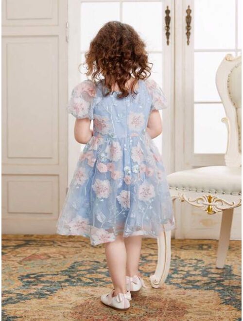 SHEIN Kids CHARMNG Toddler Girls Floral Embroidery Puff Sleeve Mesh Overlay Party Dress