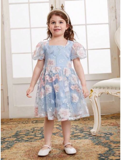 SHEIN Kids CHARMNG Toddler Girls Floral Embroidery Puff Sleeve Mesh Overlay Party Dress