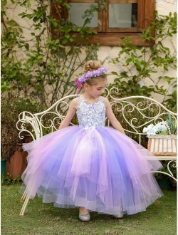 Sittingley Flower Girls Dress Lace Tulle Spaghetti Straps Rainbow Birthday Princess Party Ball Gowns