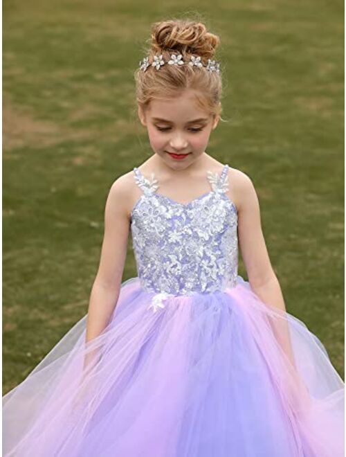 Sittingley Flower Girls Dress Lace Tulle Spaghetti Straps Rainbow Birthday Princess Party Ball Gowns