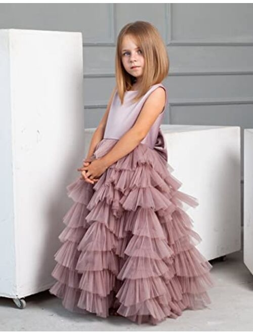 MCieloLuna Flower Girl Dresses for Wedding Bow-Knot Multilayer Puffy Tulle Pageant Princess First Communion Dresses