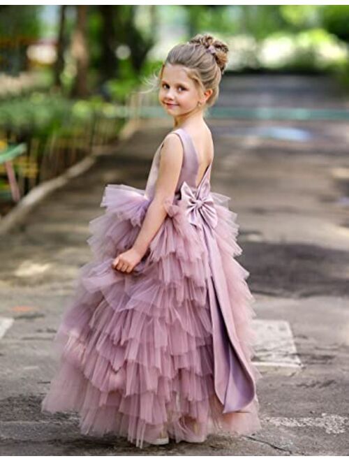 MCieloLuna Flower Girl Dresses for Wedding Bow-Knot Multilayer Puffy Tulle Pageant Princess First Communion Dresses