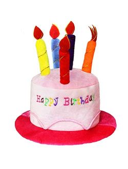 Novelty Place Pink Plush Happy Birthday Cake Hat - Unisex Adult Size Fancy Dress Party Hats - Perfect as Party Favors, Costume Accessories - Cake & 5 Multicolor Candles