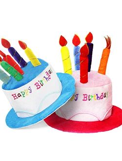 Novelty Place Plush Happy Birthday Cake Hat (2Pcs, Blue & Pink) - Unisex Adult Size Fancy Dress Party Hats - Perfect as Party Favors, Costume Accessories - Cake & 5 Multi