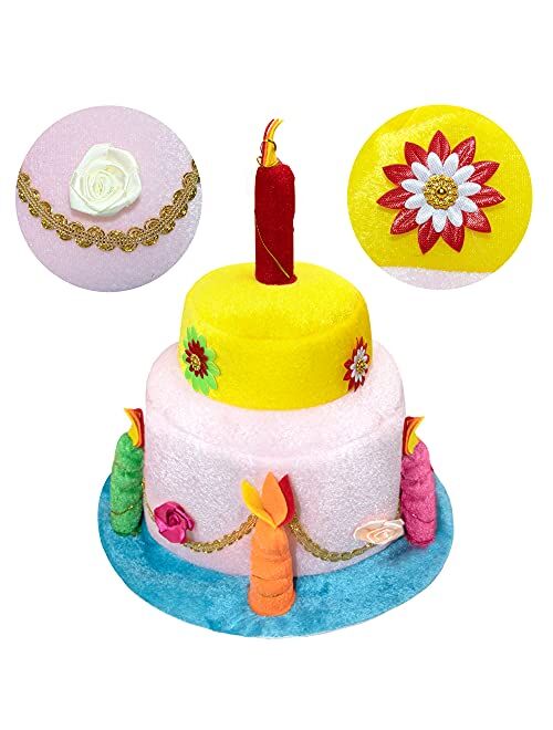Novelty Place Plush Happy Birthday Cake Hat (Two Tier Stacked Cake) - Unisex Adult Size Fancy Dress Party Hats - Perfect as Party Favors, Costume Accessories - Cake & 5 M