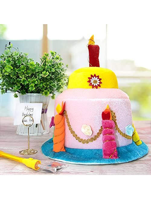 Novelty Place Plush Happy Birthday Cake Hat (Two Tier Stacked Cake) - Unisex Adult Size Fancy Dress Party Hats - Perfect as Party Favors, Costume Accessories - Cake & 5 M