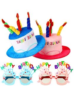Coume 2 Pcs Plush Cake Birthday Hats for Adults and Pairs Sweet Cream Glasses Party Novelty Decorations Prop Happy Novel Sunglasses Fancy Hats, Blue, Pink, approx. 22.8-2