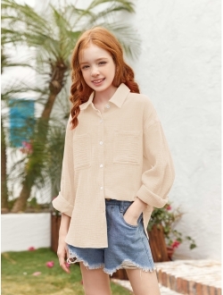 Saudacdn Girls Button Down Shirts Long Roll Up Cuffed Sleeve Collared Blouses Casual Cotton Tops with Pockets