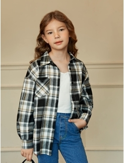 Girl's Plaid Long Sleeve Button Down Shirt Casual Top with Pocket