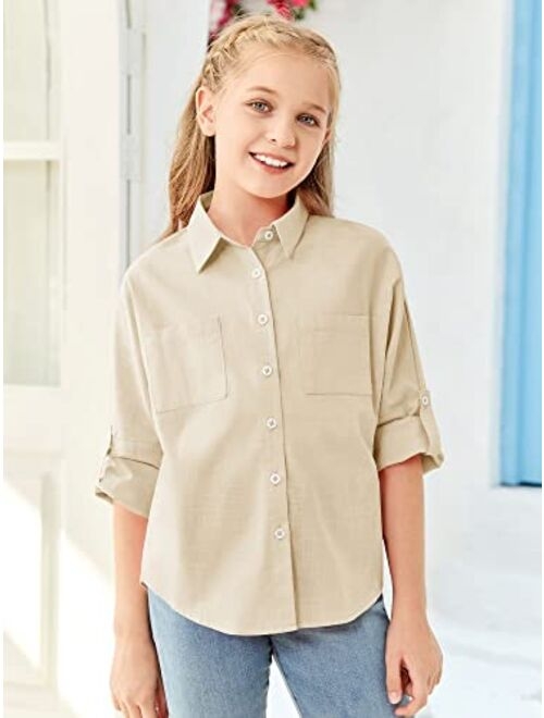Modershe Girls Roll Up Cuffed Sleeve Button Down Shirts CuteCasual Pockets Blouses 5-14 YearsKids Loose Collared TunicTops