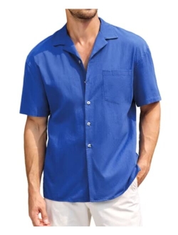 Coutgo Mens Cotton Linen Shirts Short Sleeve Casual Button Down Summer Shirts Tropical Holiday Beach Tops