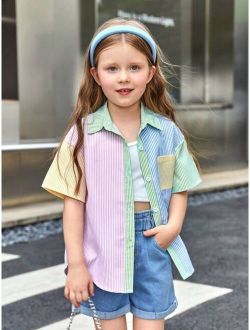 Kids EVRYDAY Toddler Girls Striped Print Colorblock Drop Shoulder Shirt Without Cami Top