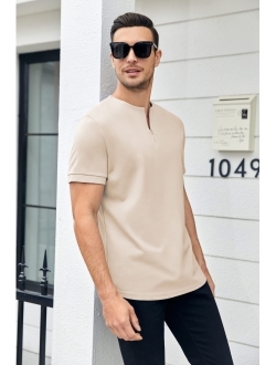 Coutgo Mens Zipper Polo Shirts Short Sleeve Collarless Henley T-Shirts Casual Slim Fit Basic Designed Tops