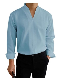 Coutgo Mens Hipster V Neck Dress Shirts Long Sleeve Slim Fit Pullover Shirt Mandarin Collar Solid Office Blouse