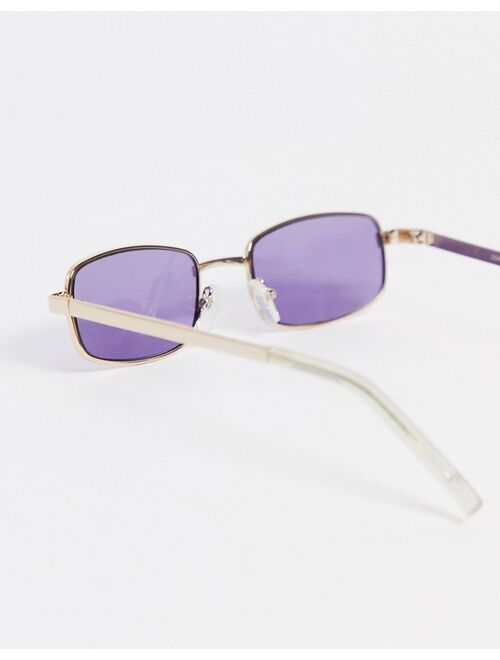 ASOS DESIGN rectangle sunglasses in gold with purple lens