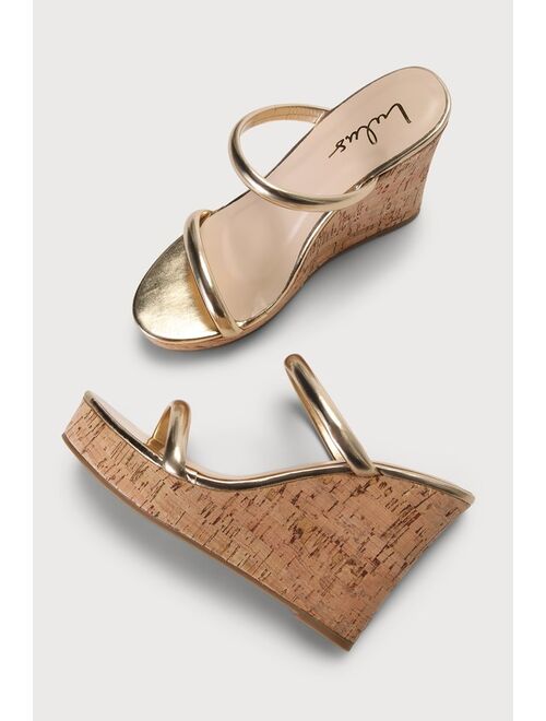Lulus Darley Gold Cork Platform Wedge Sandals