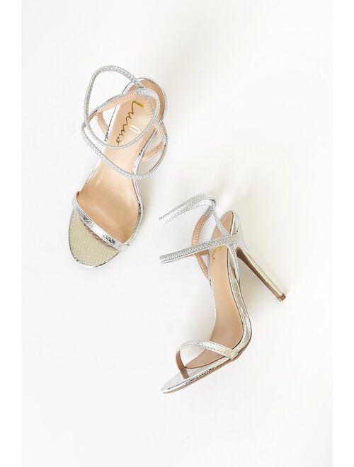Lulus Adelle Silver Snake Embossed Ankle Strap Heels