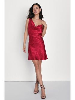 Desirable Allure Wine Red Satin Jacquard Cowl Neck Mini Dress
