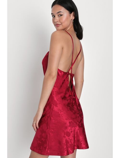 Lulus Desirable Allure Wine Red Satin Jacquard Cowl Neck Mini Dress