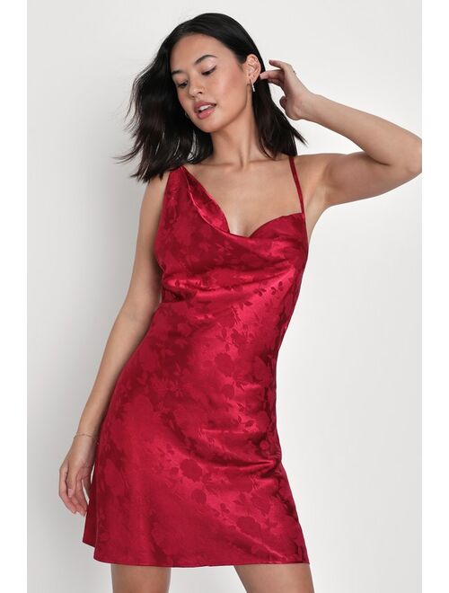Lulus Desirable Allure Wine Red Satin Jacquard Cowl Neck Mini Dress