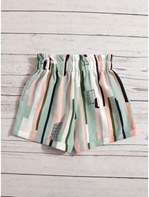 SHEIN Girls Vertical Striped Paper Bag Waist Belted Shorts