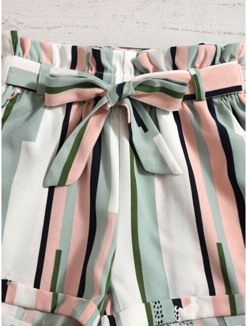 SHEIN Girls Vertical Striped Paper Bag Waist Belted Shorts