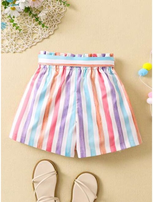 SHEIN Kids SUNSHNE Girls Block Striped Paperbag Waist Belted Shorts
