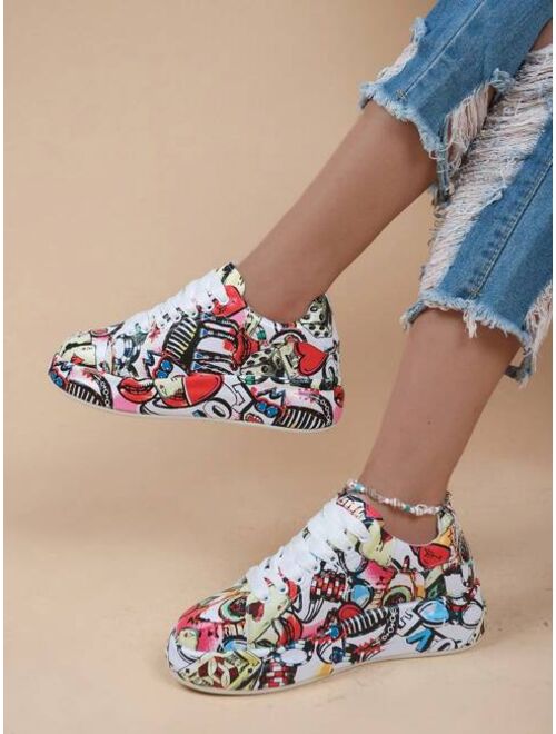 Shein Sporty Sneakers For Women, Graffiti Graphic Lace-up Front Skate Shoes