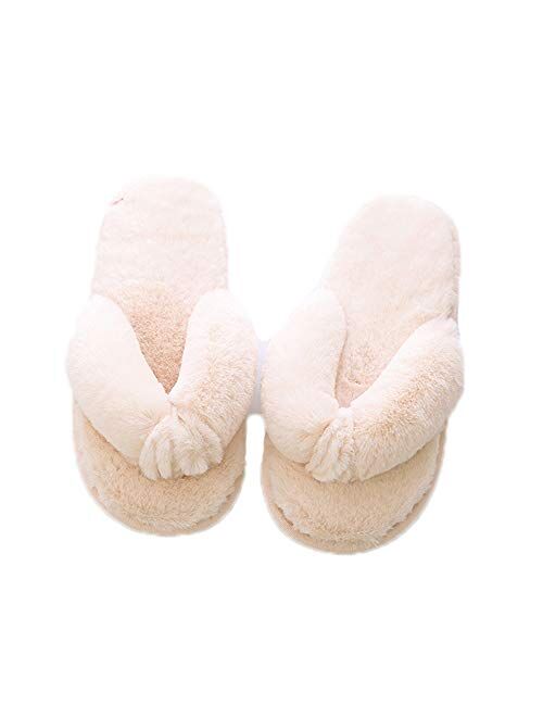 Jaderich Women's Solid Color Fuzzy Slippers Flip Flop Open Toe Cozy House Sandals Anti-Slip Indoor Outdoor Slippers