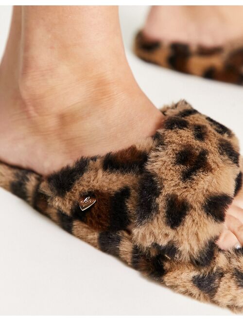 Lipsy fluffy cross strap slippers in leopard print