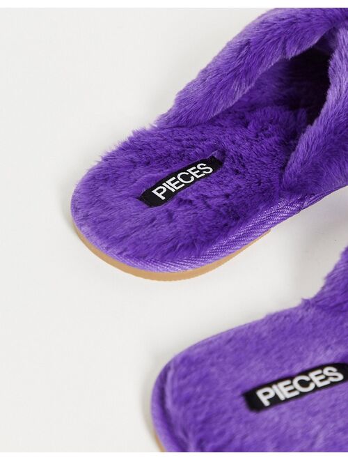 Pieces fluffy cross over slippers in purple