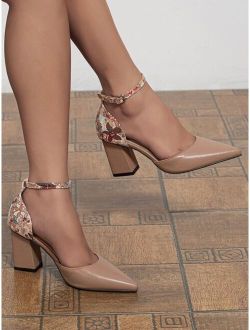 Floral Pattern Chunky Heeled Ankle Strap Pumps