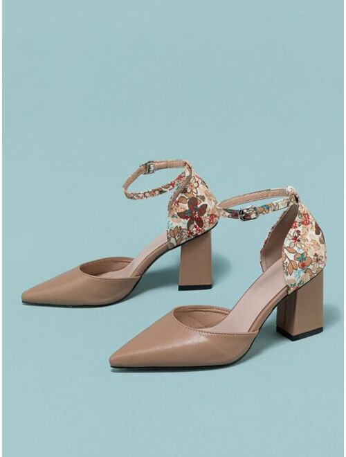 Floral Pattern Chunky Heeled Ankle Strap Pumps