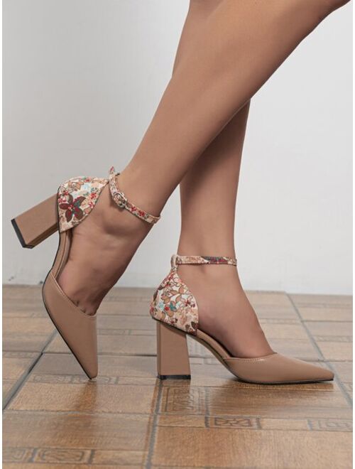 Floral Pattern Chunky Heeled Ankle Strap Pumps