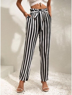 VCAY Striped Print Paperbag Waist Belted Pants