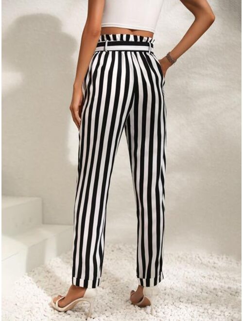 SHEIN VCAY Striped Print Paperbag Waist Belted Pants