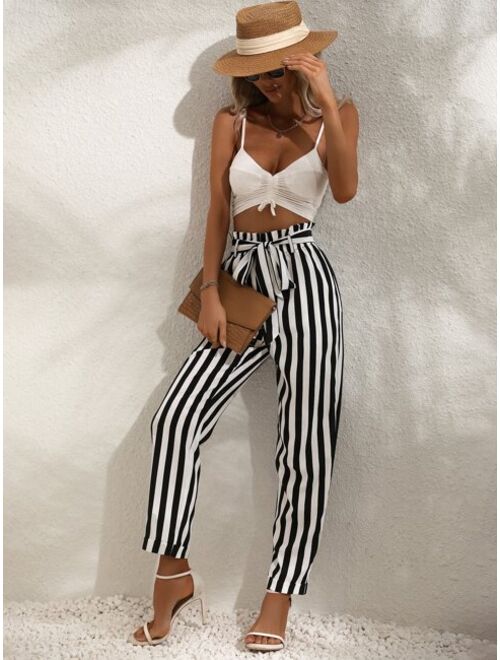 SHEIN VCAY Striped Print Paperbag Waist Belted Pants