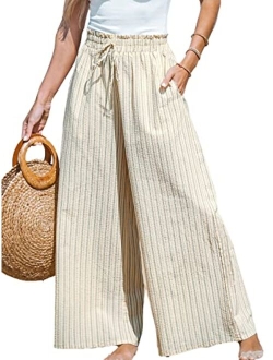 Women Summer Striped Smocked Paperbag Pants Wide Leg Pants Casual