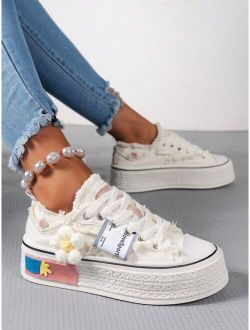 Women Flower Decor Lace-up Front Canvas Shoes, Sporty Outdoor Sneakers