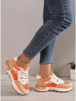 Sporty Sneakers For Women, Colorblock Lace-up Front Running Shoes