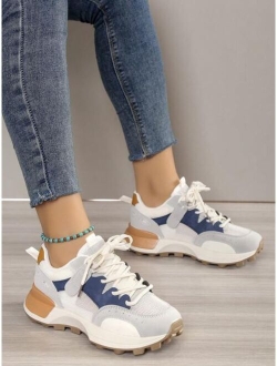 Sporty Sneakers For Women, Colorblock Lace-up Front Running Shoes