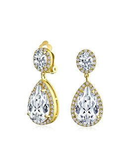 Bling Jewelry Large Teardrop Cubic Zirconia Pave CZ Halo Pageant Statement Dangle Clip On Earrings For Women Gold Silver Plated Brass