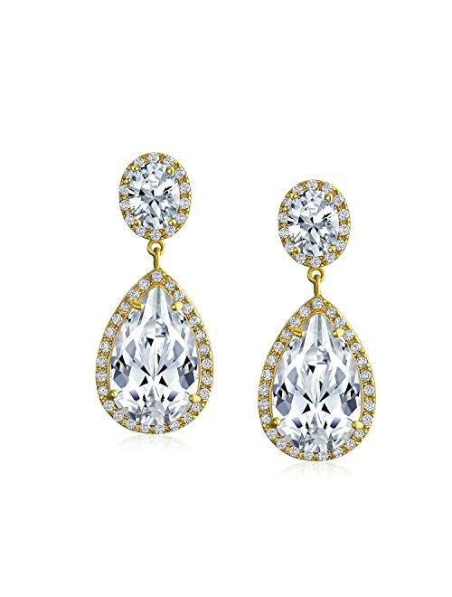 Bling Jewelry Large Teardrop Cubic Zirconia Pave CZ Halo Pageant Statement Dangle Clip On Earrings For Women Gold Silver Plated Brass