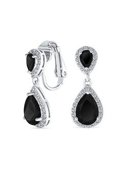 Bling Jewelry Vintage Style Bridal Cubic Zirconia Simulated Gemstone AAA CZ Halo Dangle Teardrop Chandelier Clip On Earrings For Women Silver Rose Gold Plated in Black Pu