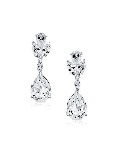 Bling Jewelry Bridal Cubic Zirconia AAA CZ Pear Shape Teardrop Drop Dangle Clip-On Earrings For Women For Prom Silver Plated Brass