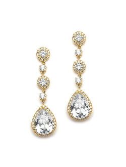 Mariell Pierced or Clip-On Silver, Gold or Rose Gold CZ Dangle Drop Earrings for Women, Brides, Wedding