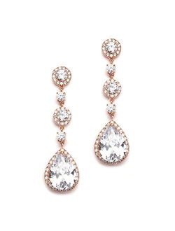 Mariell Pierced or Clip-On Silver, Gold or Rose Gold CZ Dangle Drop Earrings for Women, Brides, Wedding